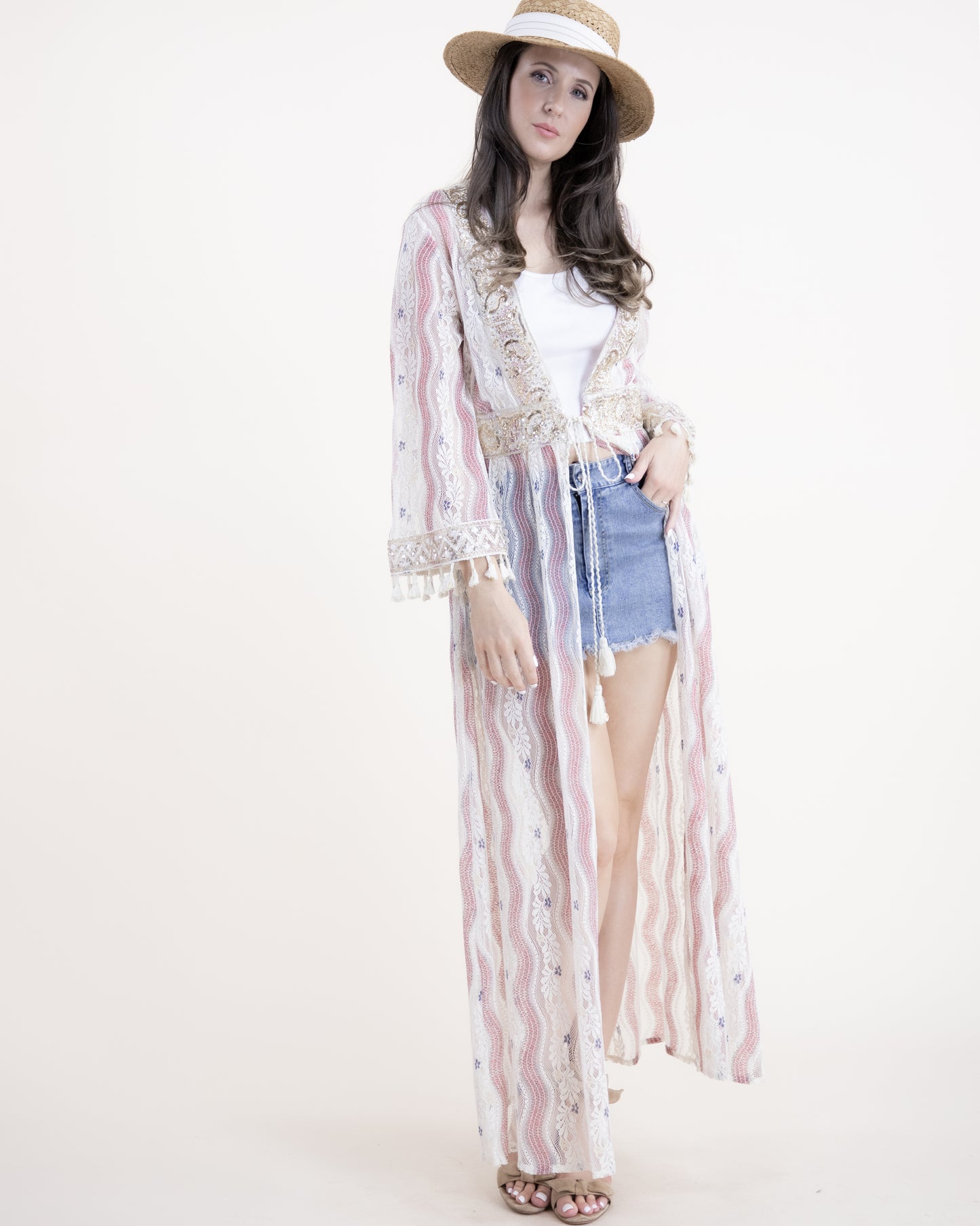 Cotton Blend Vintage Stripped Flower Lace Front Tie Cover-up