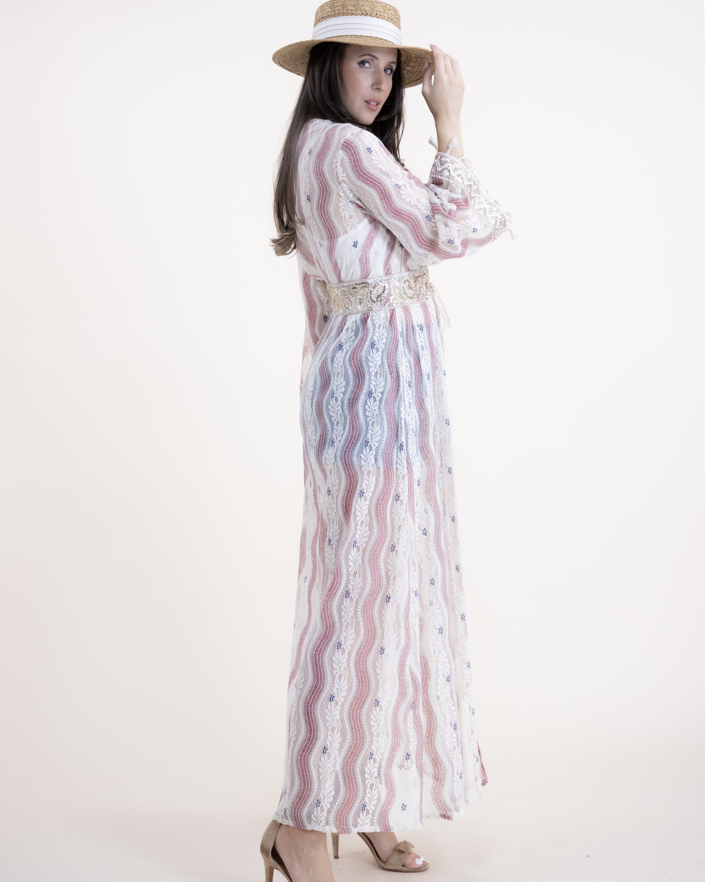 Cotton Blend Vintage Stripped Flower Lace Front Tie Cover-up