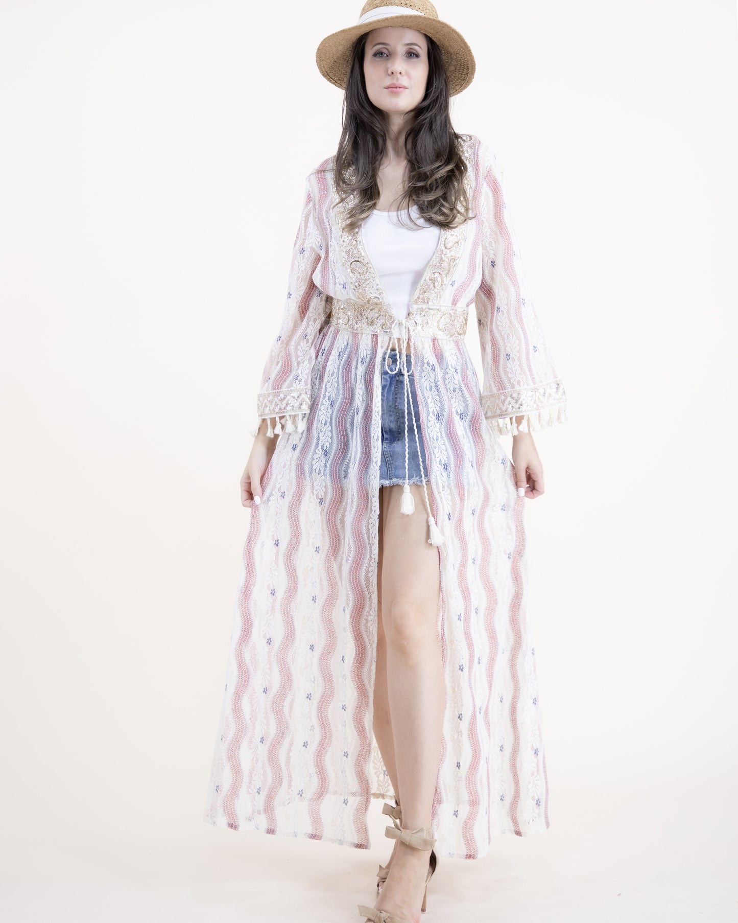 Cotton Blend Vintage Stripped Flower Lace Front Tie Cover-up
