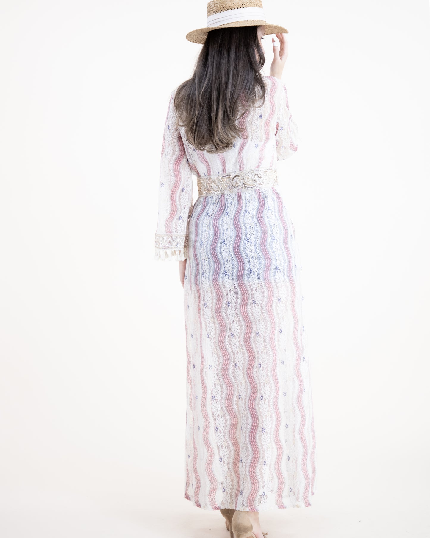 Cotton Blend Vintage Stripped Flower Lace Front Tie Cover-up