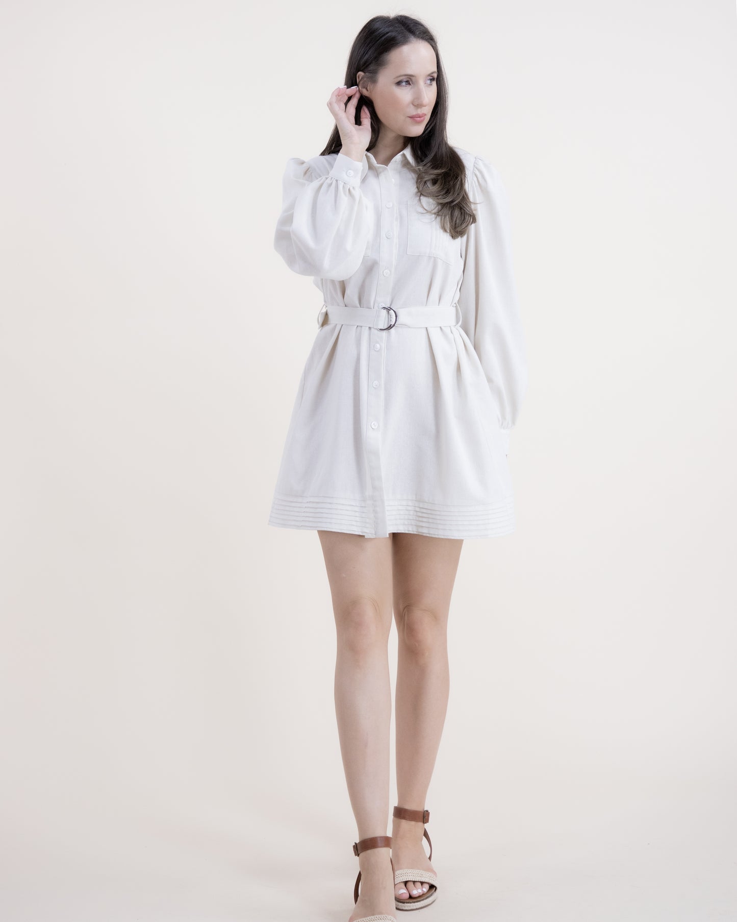 Linen Blend Long Sleeve Pleated Pockets Belted Structured Shirt