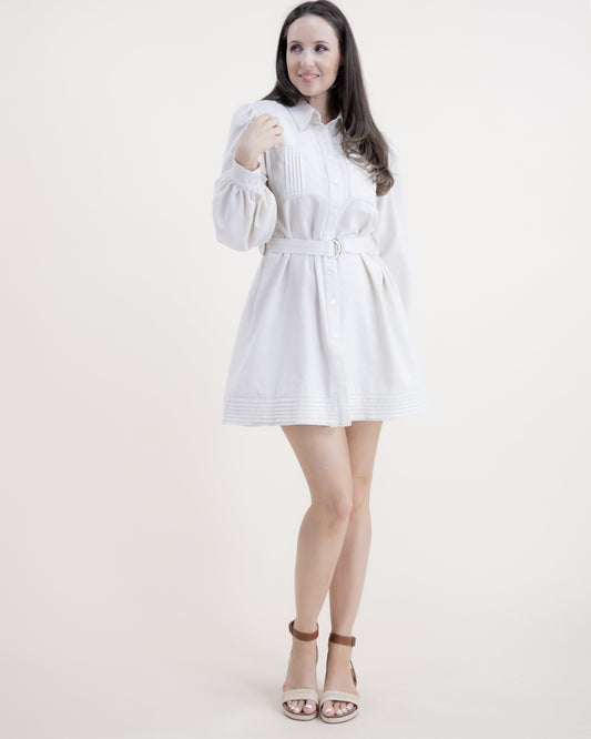 Linen Blend Long Sleeve Pleated Pockets Belted Structured Shirt