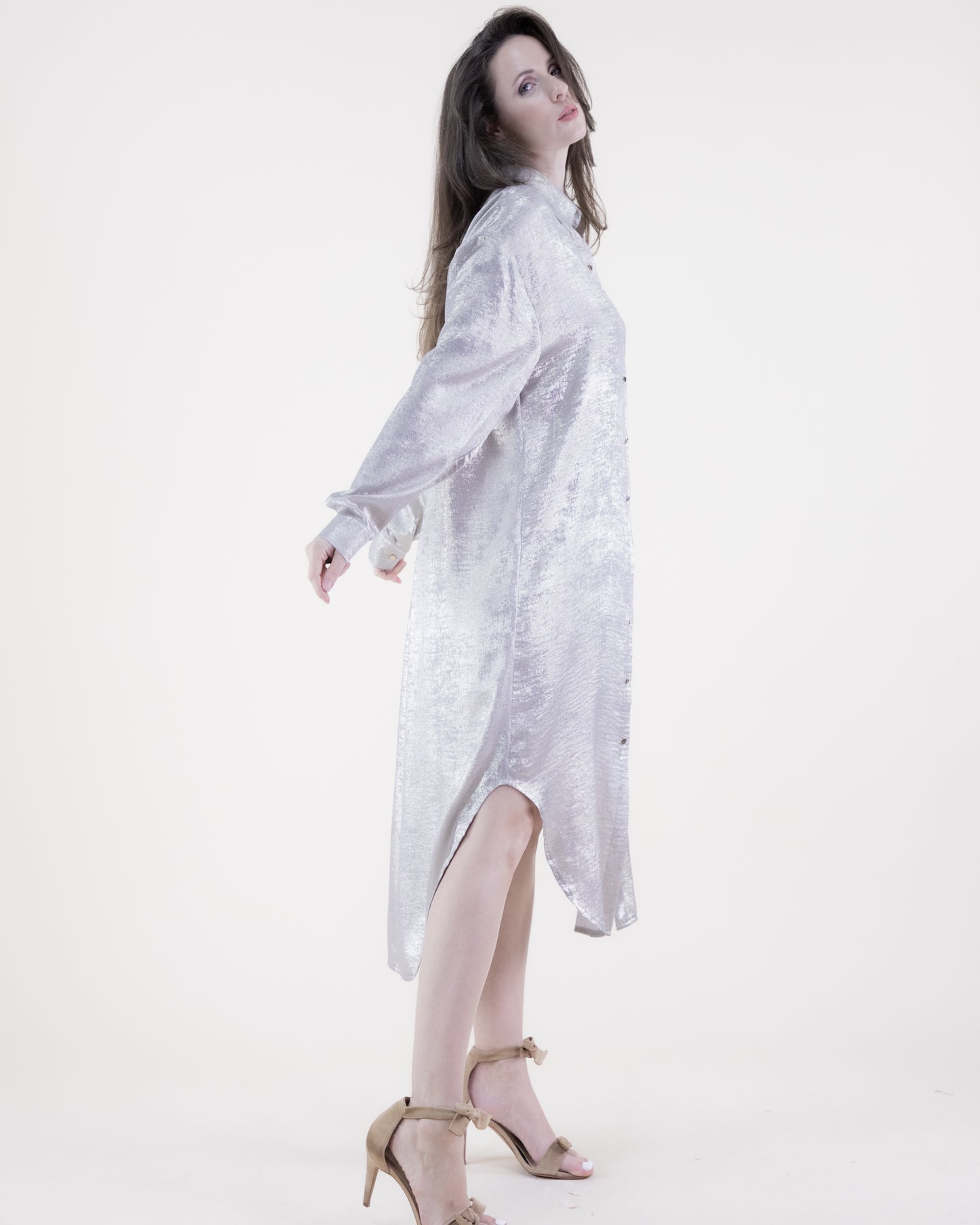 Metallic Long Sleeve Button-up Collared Shirt Dress