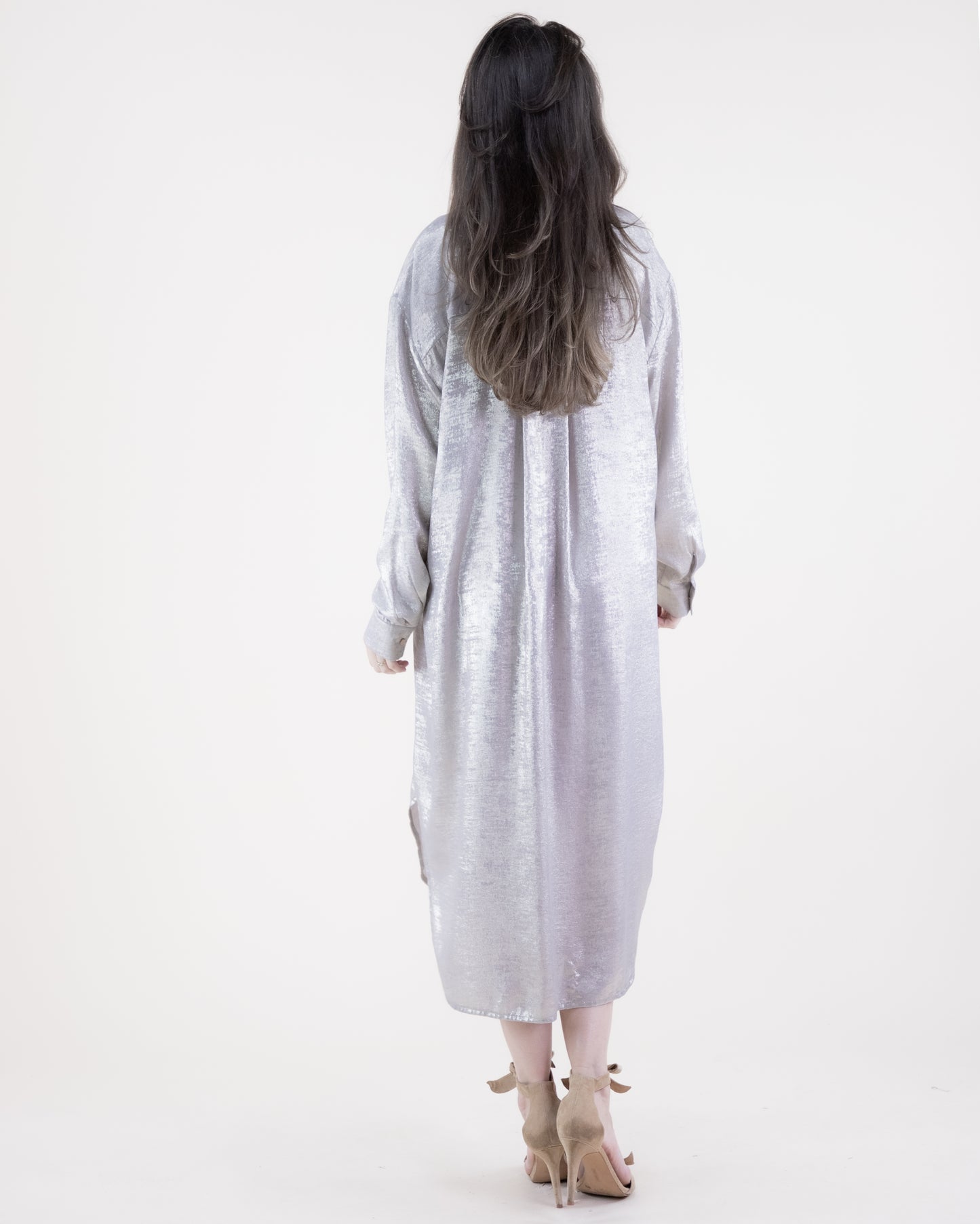 Metallic Long Sleeve Button-up Collared Shirt Dress