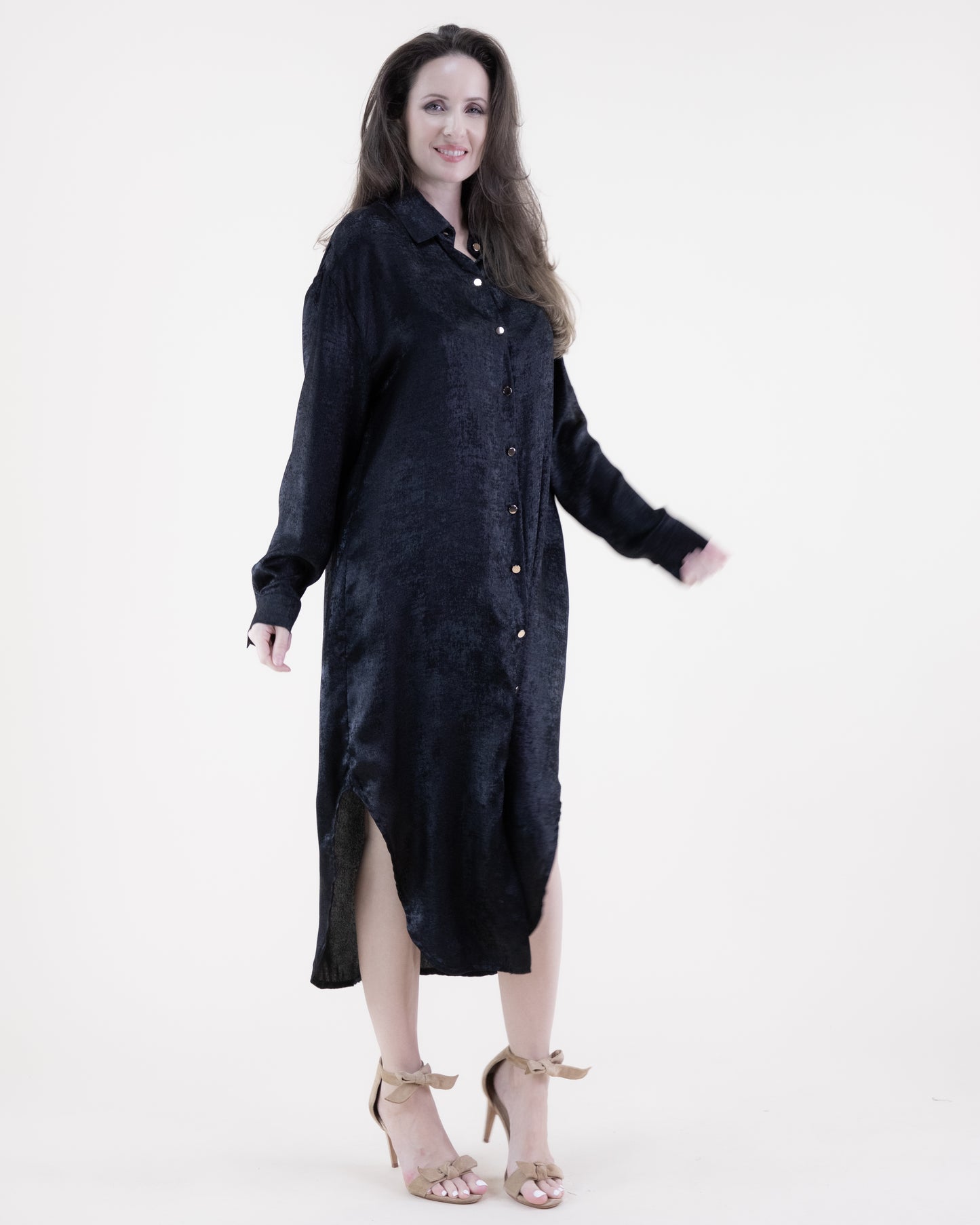 Metallic Long Sleeve Button-up Collared Shirt Dress