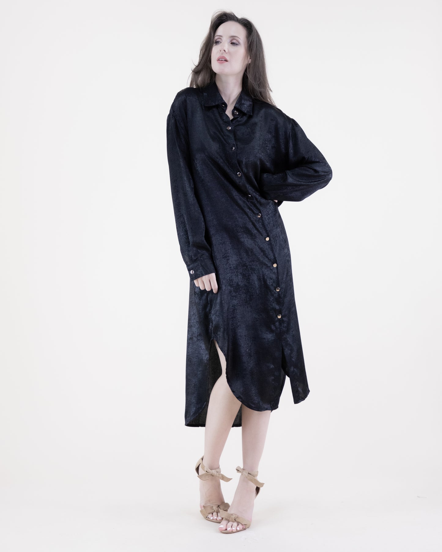 Metallic Long Sleeve Button-up Collared Shirt Dress