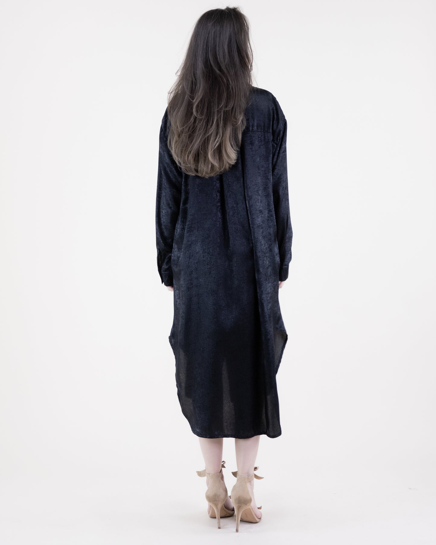 Metallic Long Sleeve Button-up Collared Shirt Dress