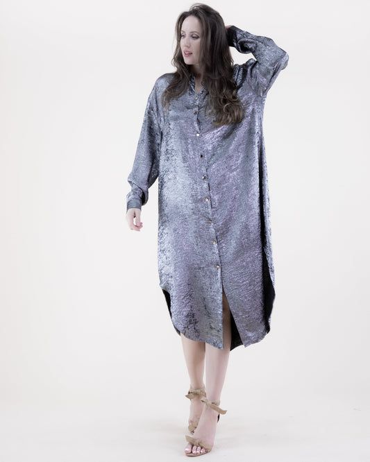 Metallic Long Sleeve Button-up Collared Shirt Dress