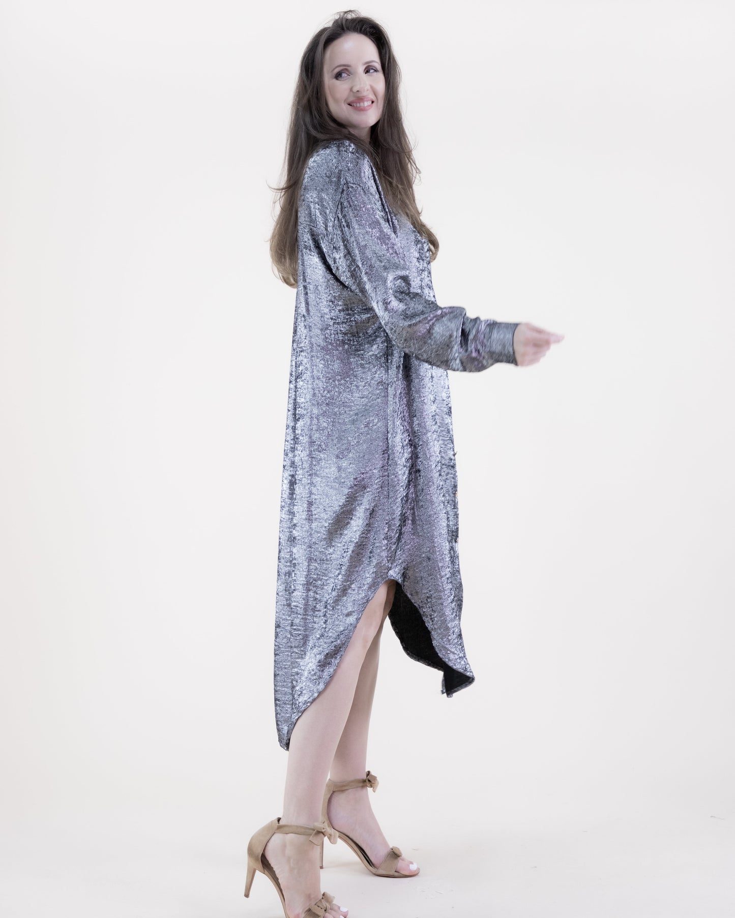 Metallic Long Sleeve Button-up Collared Shirt Dress