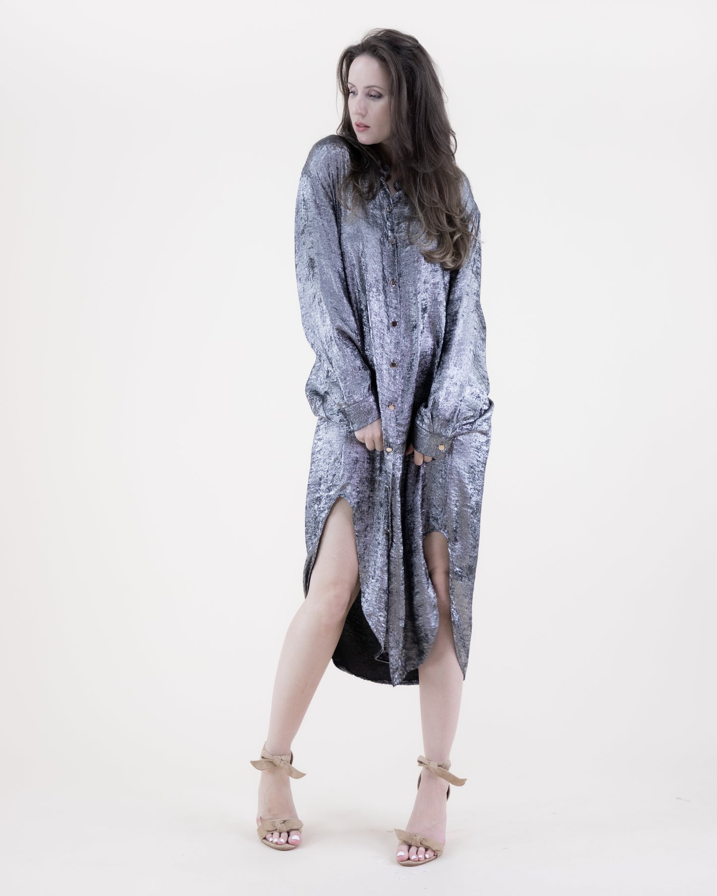 Metallic Long Sleeve Button-up Collared Shirt Dress