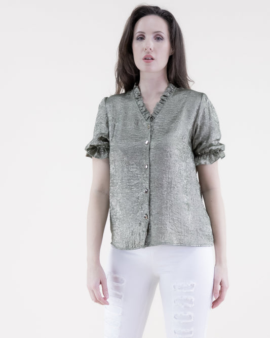 Metallic Short Sleeve Button-up Rufffle Collar Shirt