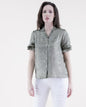 Metallic Short Sleeve Button-up Rufffle Collar Shirt