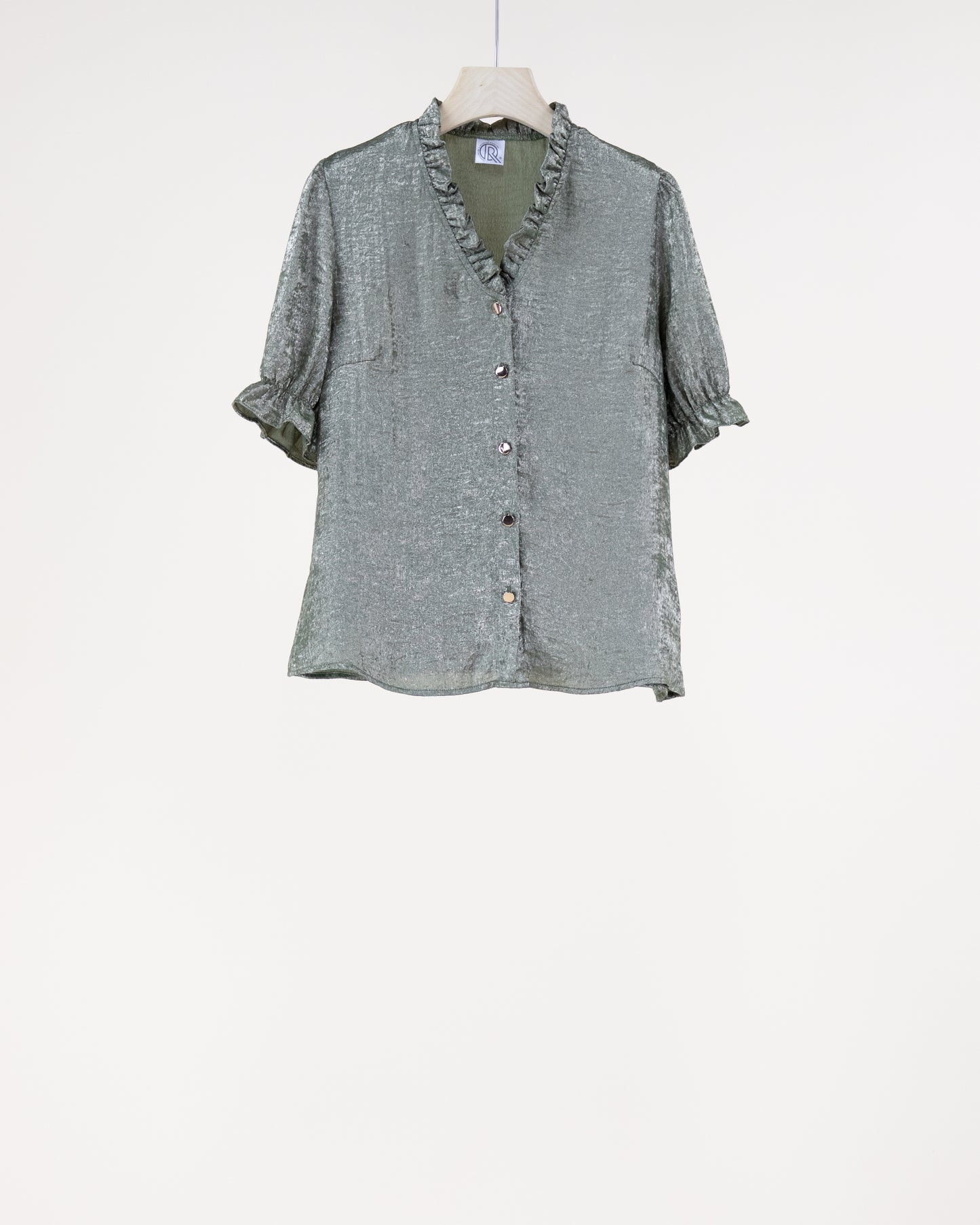 Metallic Short Sleeve Button-up Rufffle Collar Shirt