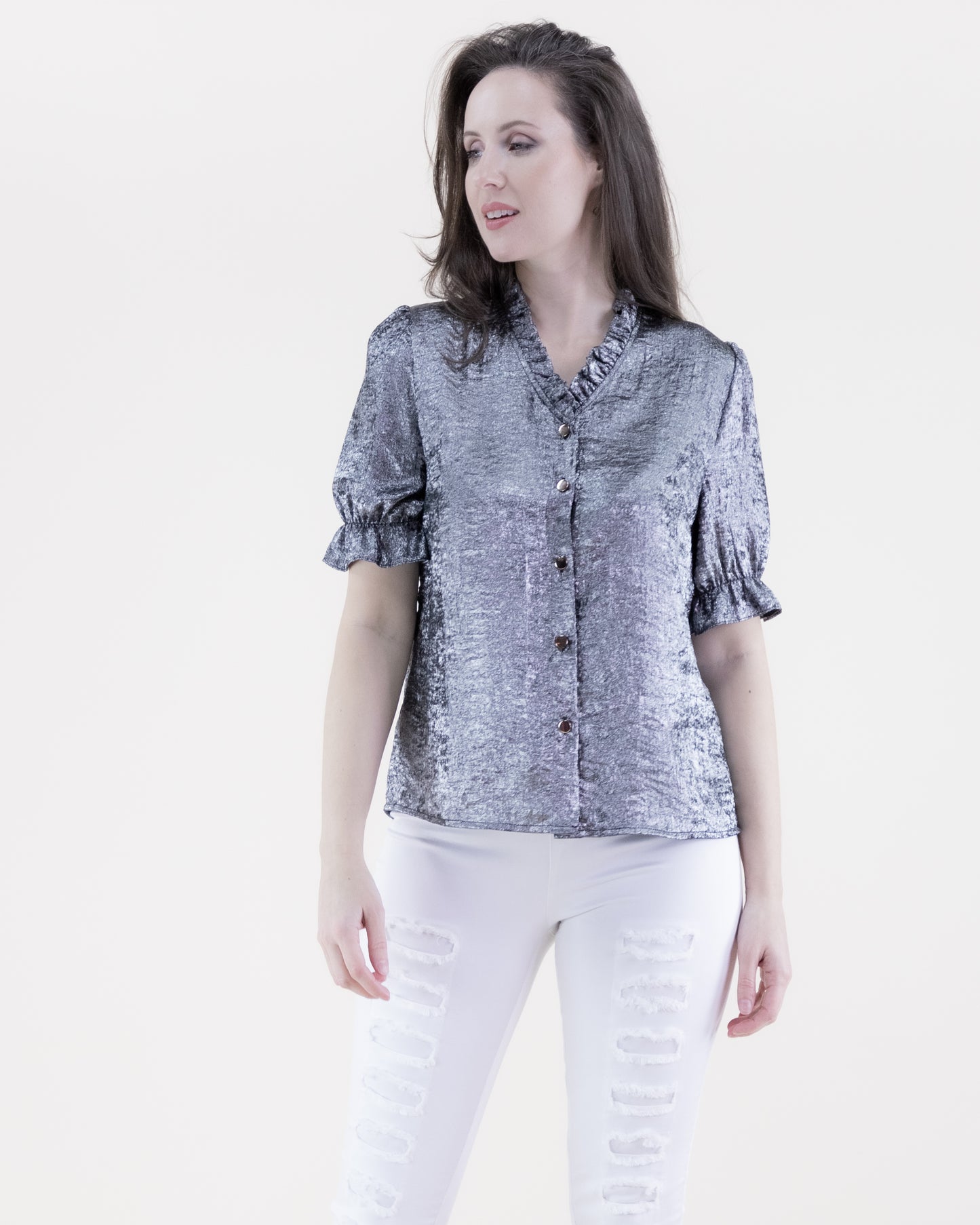 Metallic Short Sleeve Button-up Rufffle Collar Shirt