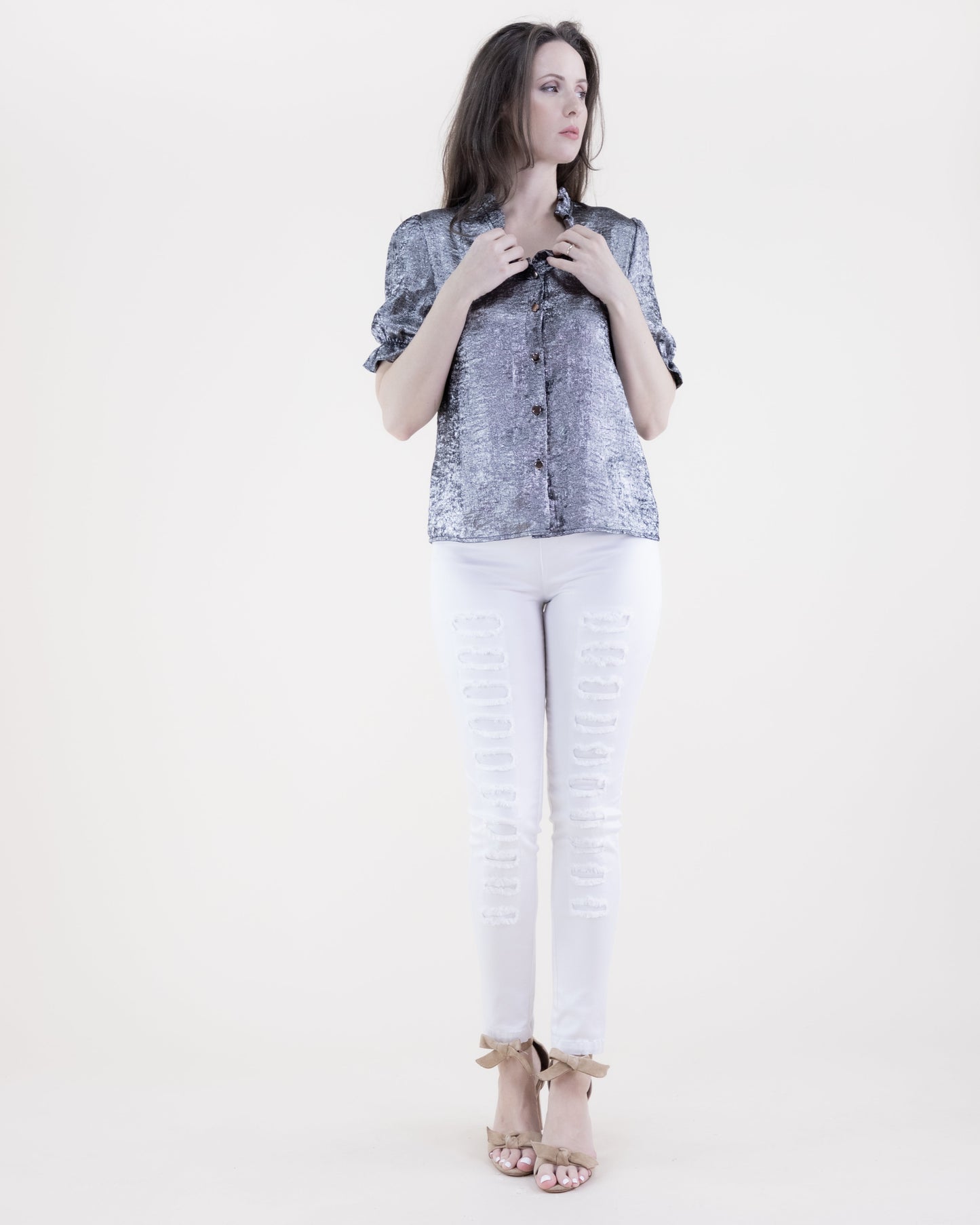 Metallic Short Sleeve Button-up Rufffle Collar Shirt