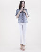 Metallic Short Sleeve Button-up Rufffle Collar Shirt