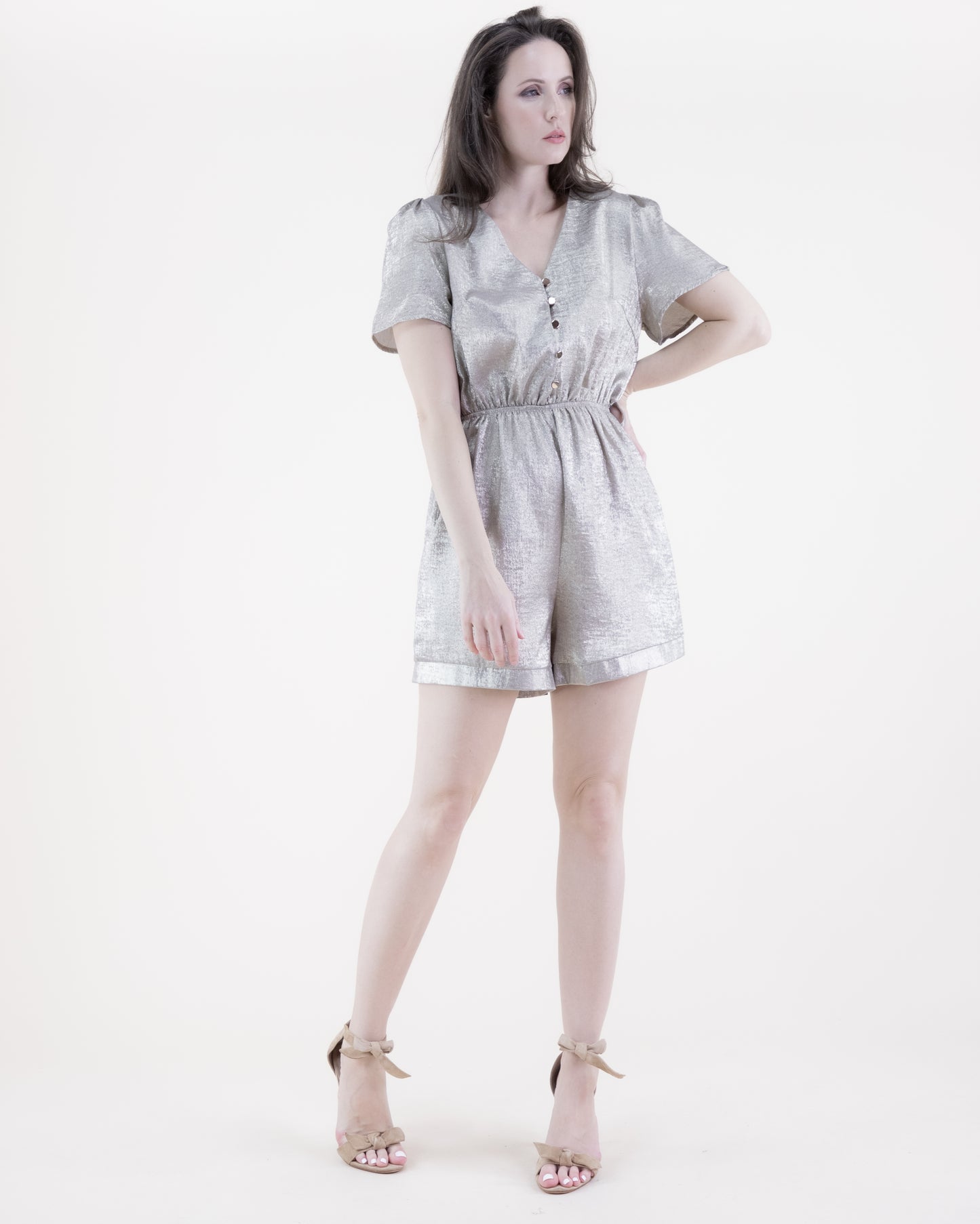 Metallic Short Sleeve Button Front Belted Romper