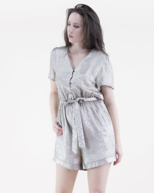 Metallic Short Sleeve Button Front Belted Romper