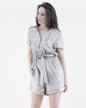 Metallic Short Sleeve Button Front Belted Romper