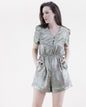 Metallic Short Sleeve Button Front Belted Romper