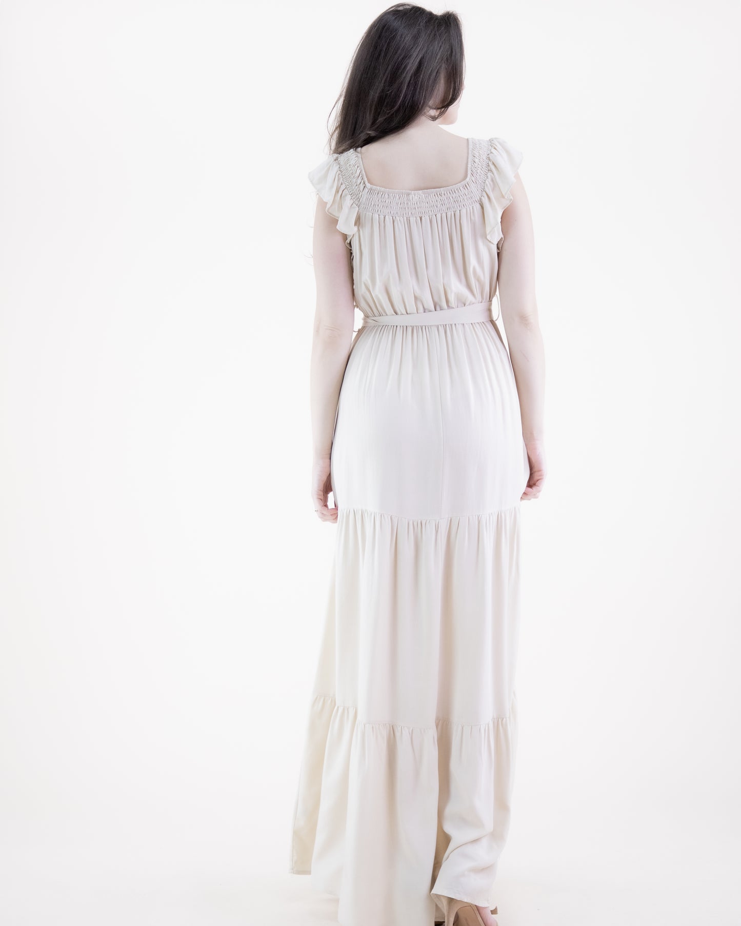 Breezy Square Shirred Neckline Tiered Maxi Dress