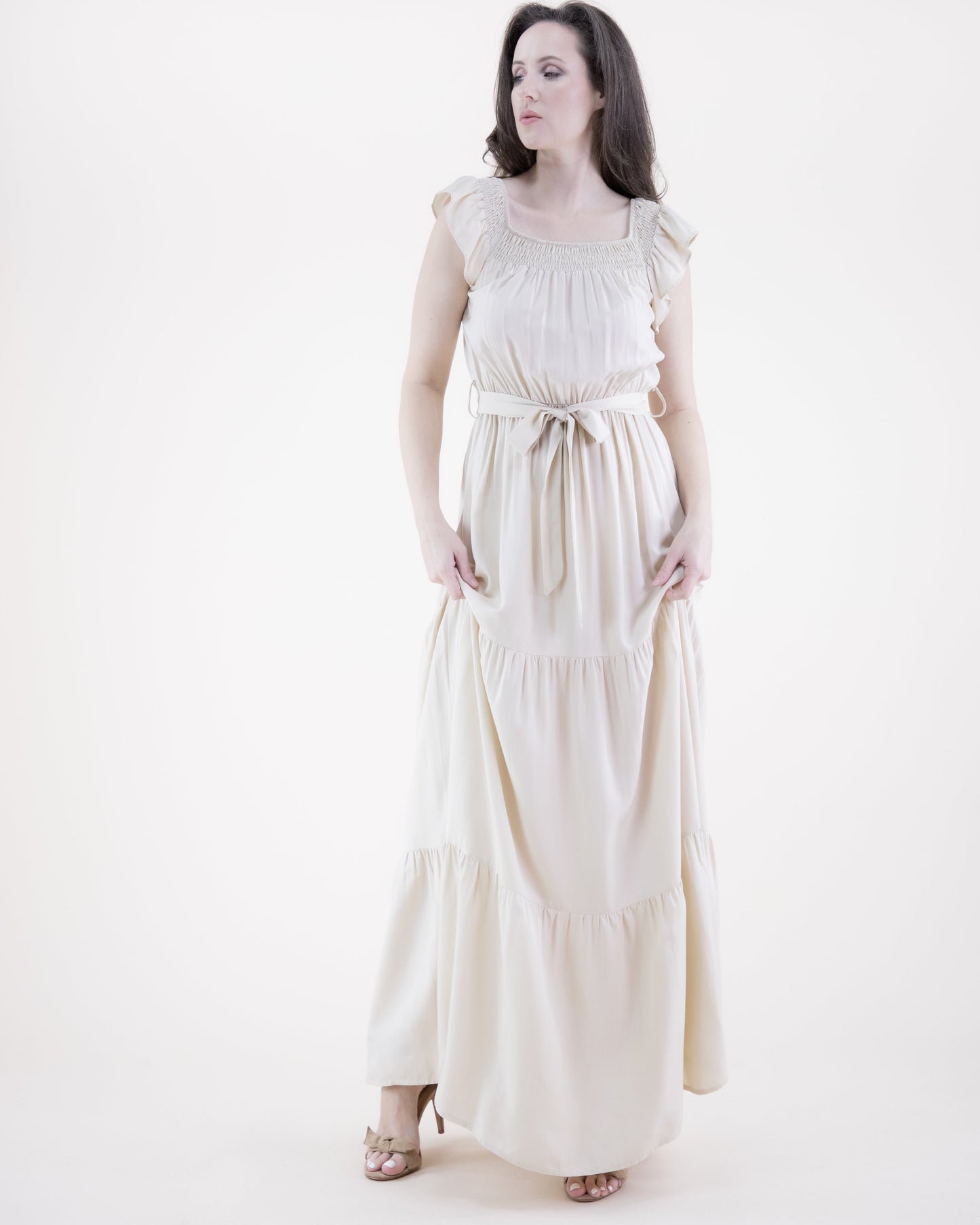 Breezy Square Shirred Neckline Tiered Maxi Dress