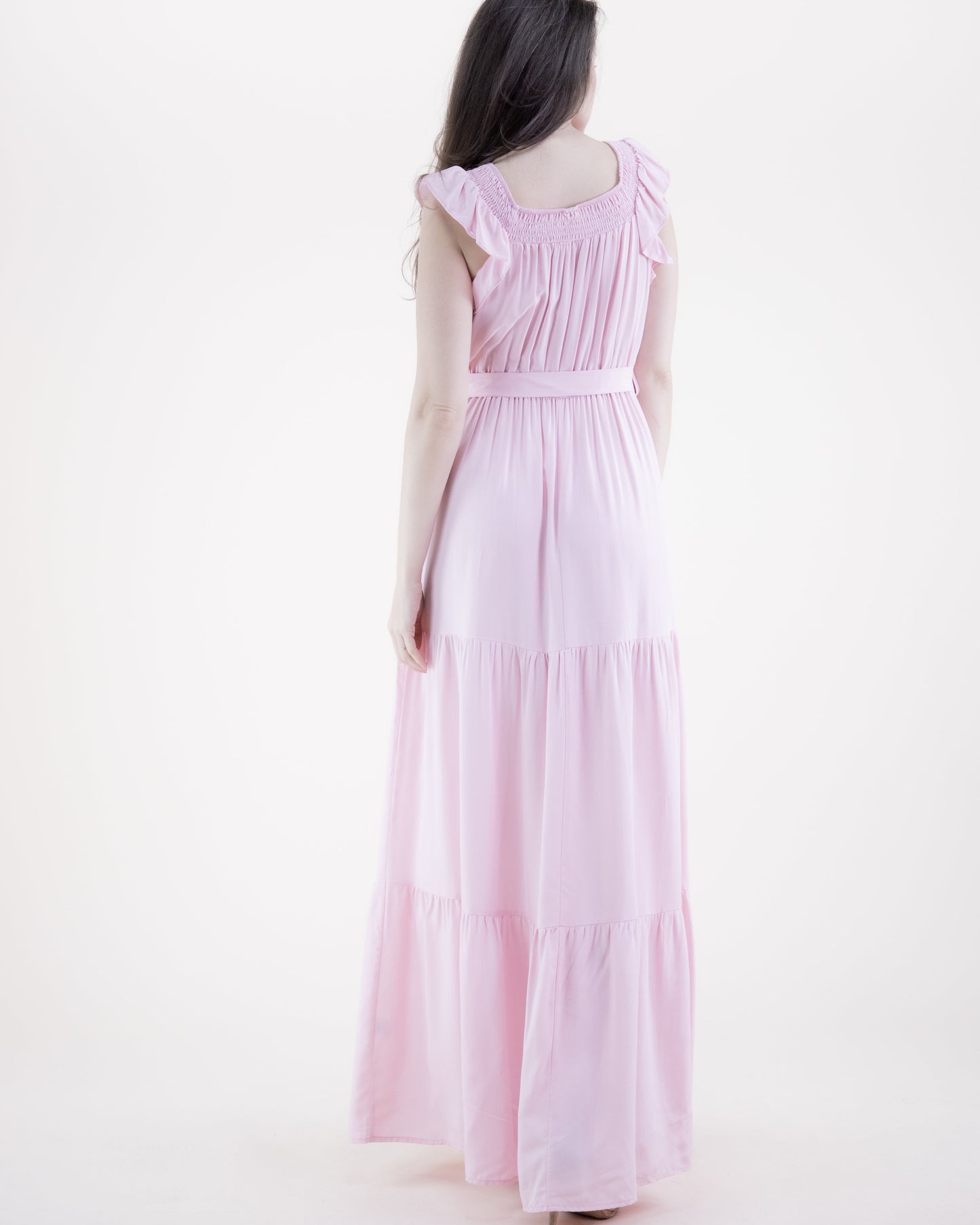 Breezy Square Shirred Neckline Tiered Maxi Dress