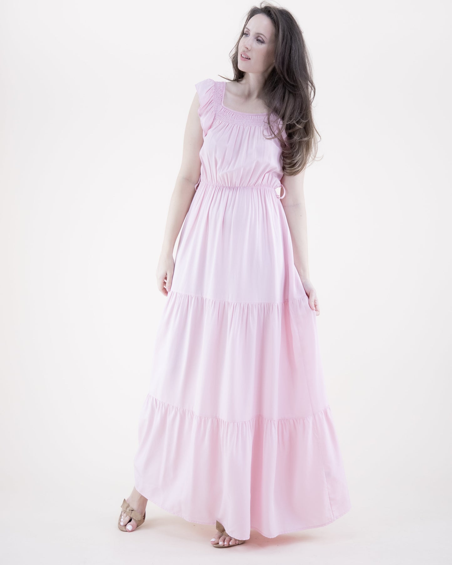 Breezy Square Shirred Neckline Tiered Maxi Dress