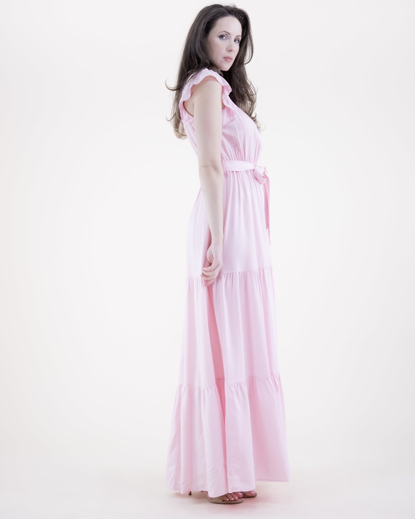 Breezy Square Shirred Neckline Tiered Maxi Dress