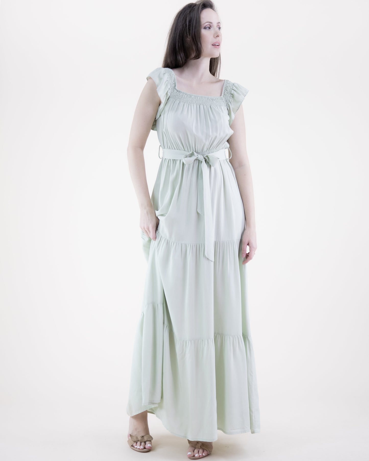 Breezy Square Shirred Neckline Tiered Maxi Dress