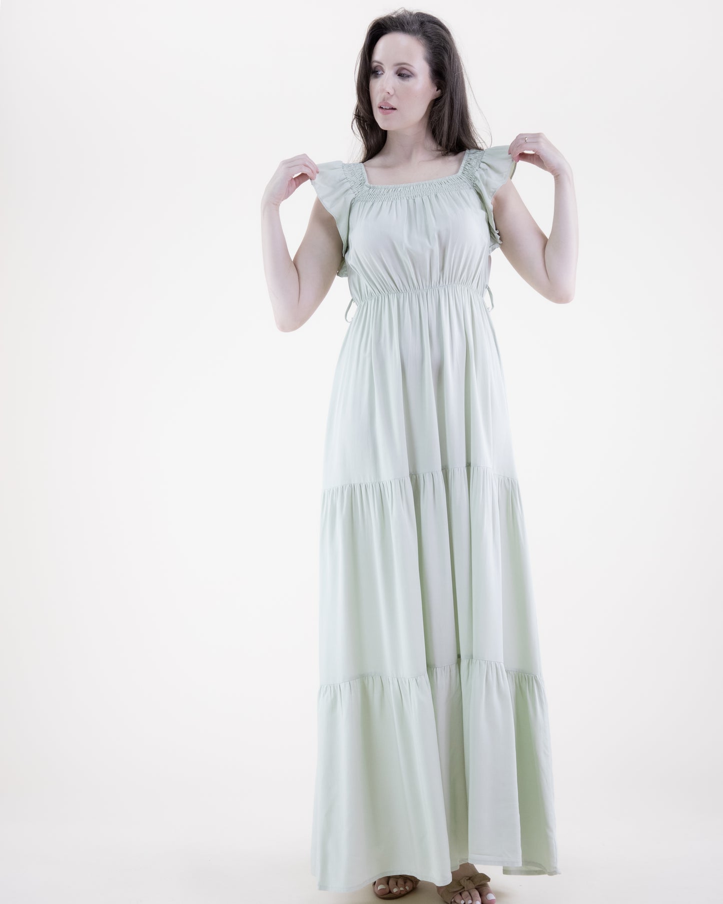 Breezy Square Shirred Neckline Tiered Maxi Dress