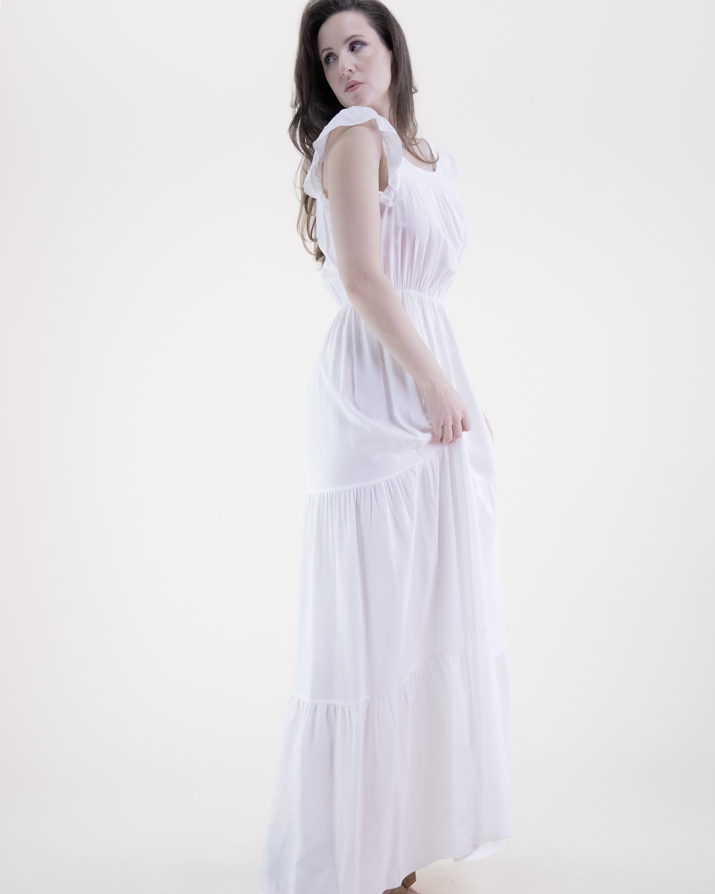 Breezy Square Shirred Neckline Tiered Maxi Dress
