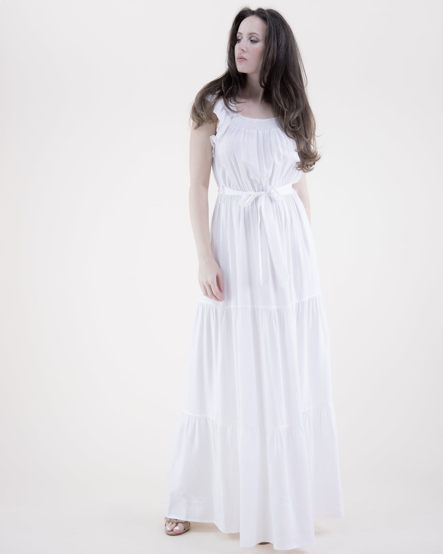 Breezy Square Shirred Neckline Tiered Maxi Dress