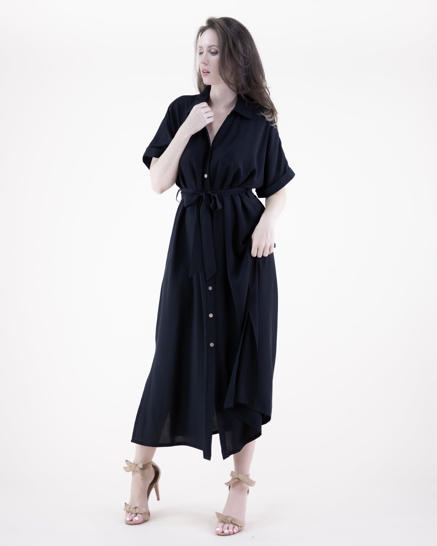 Breezy Drop Shoulder Sleeve Belted Button-up Shirt Dress