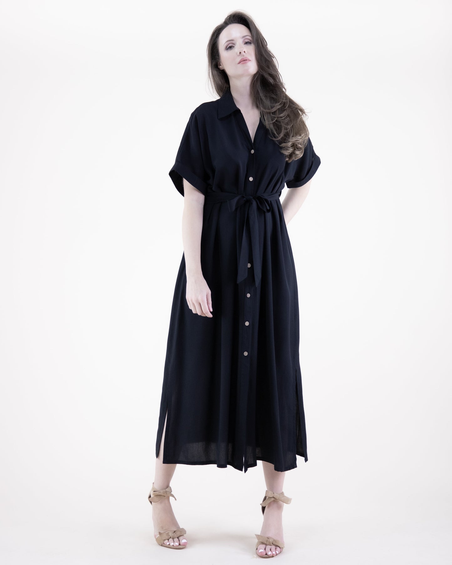 Breezy Drop Shoulder Sleeve Belted Button-up Shirt Dress