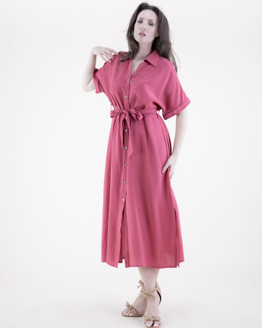 Breezy Drop Shoulder Sleeve Belted Button-up Shirt Dress