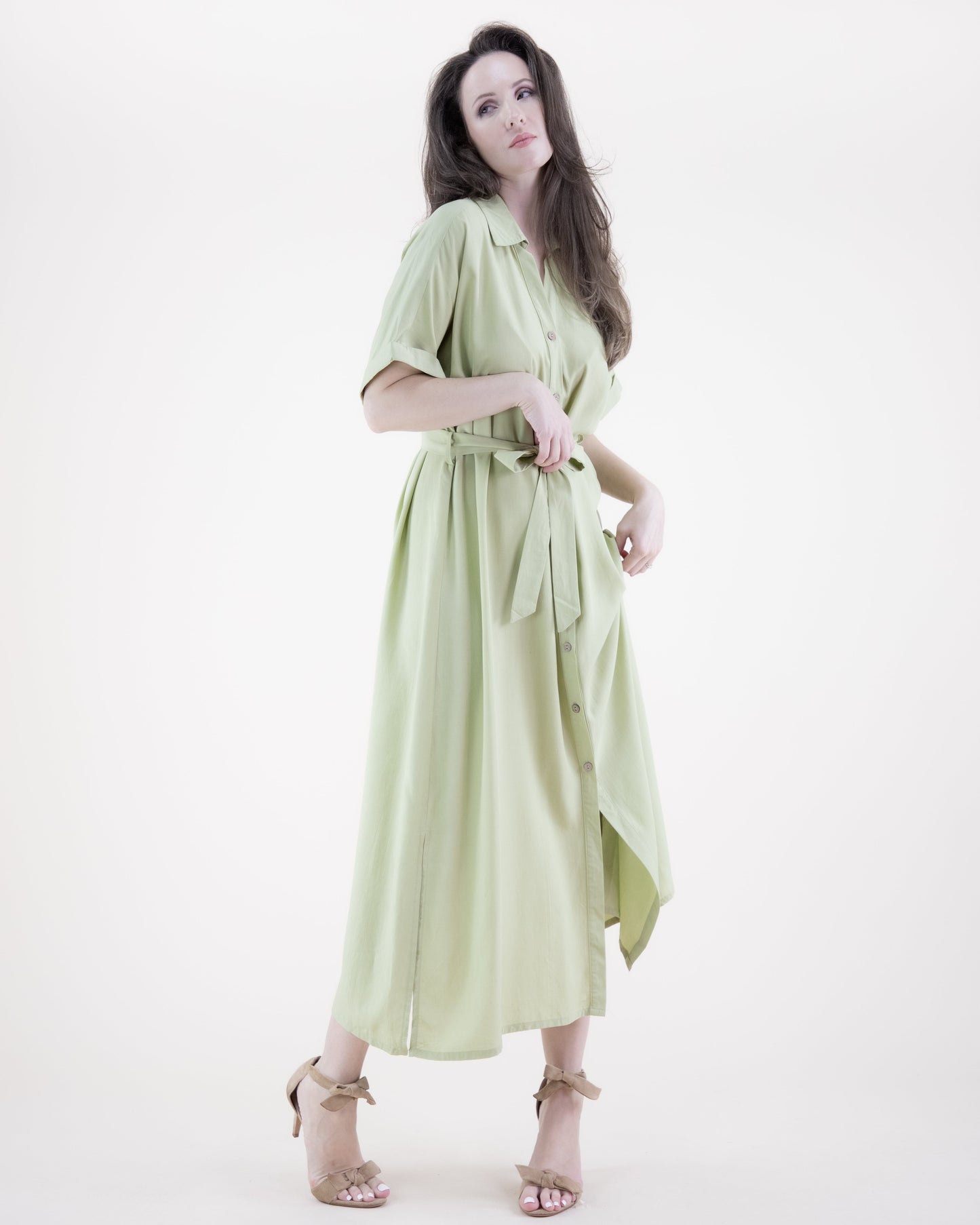 Breezy Drop Shoulder Sleeve Belted Button-up Shirt Dress