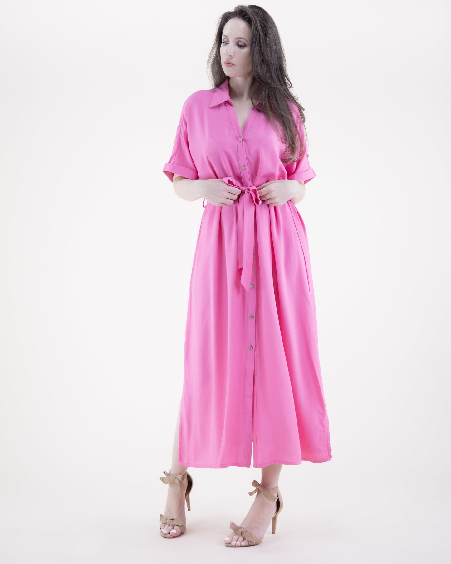 Breezy Drop Shoulder Sleeve Belted Button-up Shirt Dress
