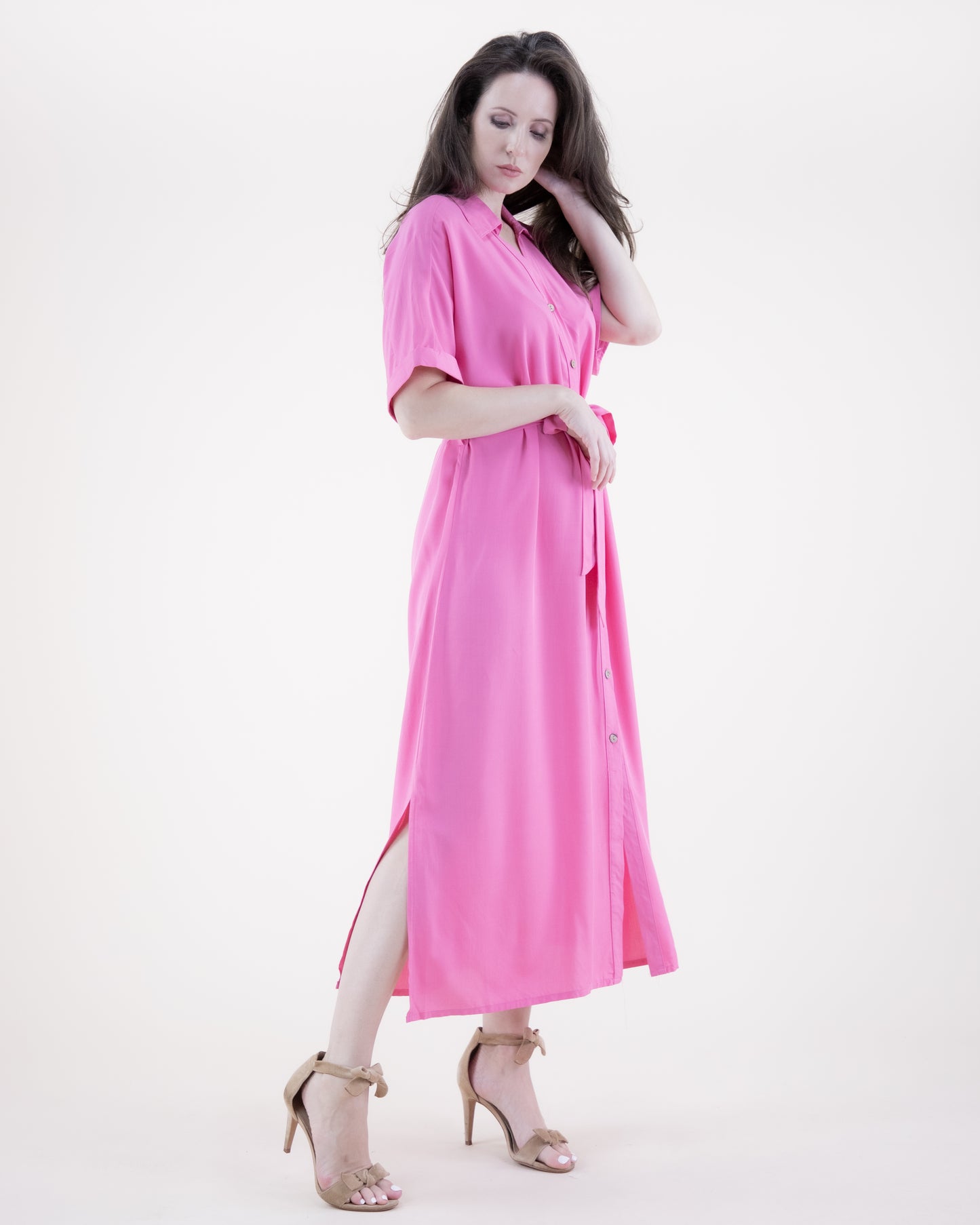 Breezy Drop Shoulder Sleeve Belted Button-up Shirt Dress