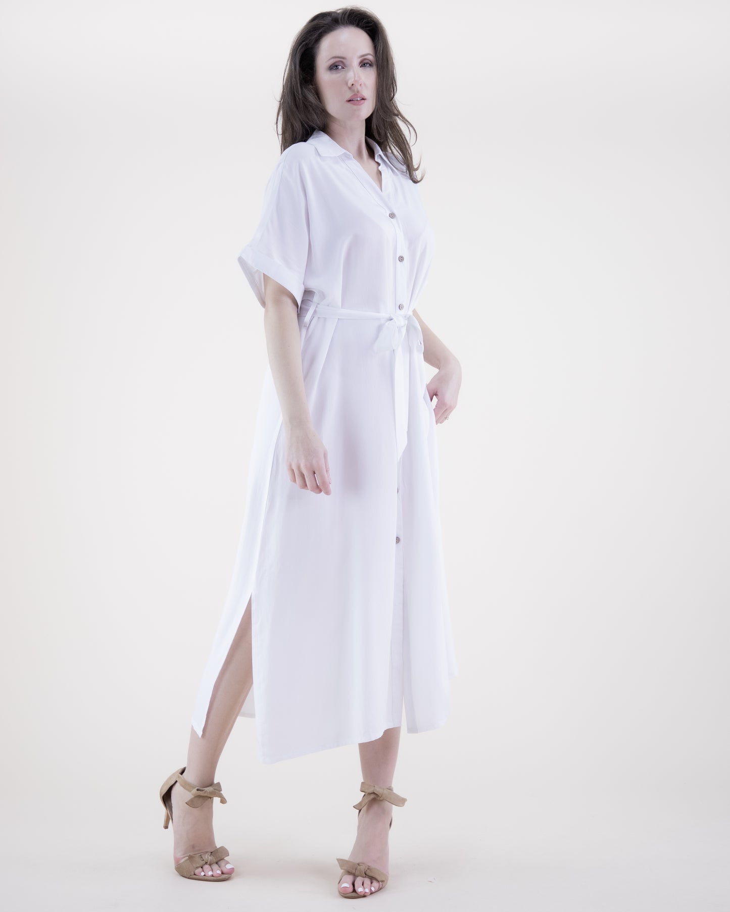 Breezy Drop Shoulder Sleeve Belted Button-up Shirt Dress
