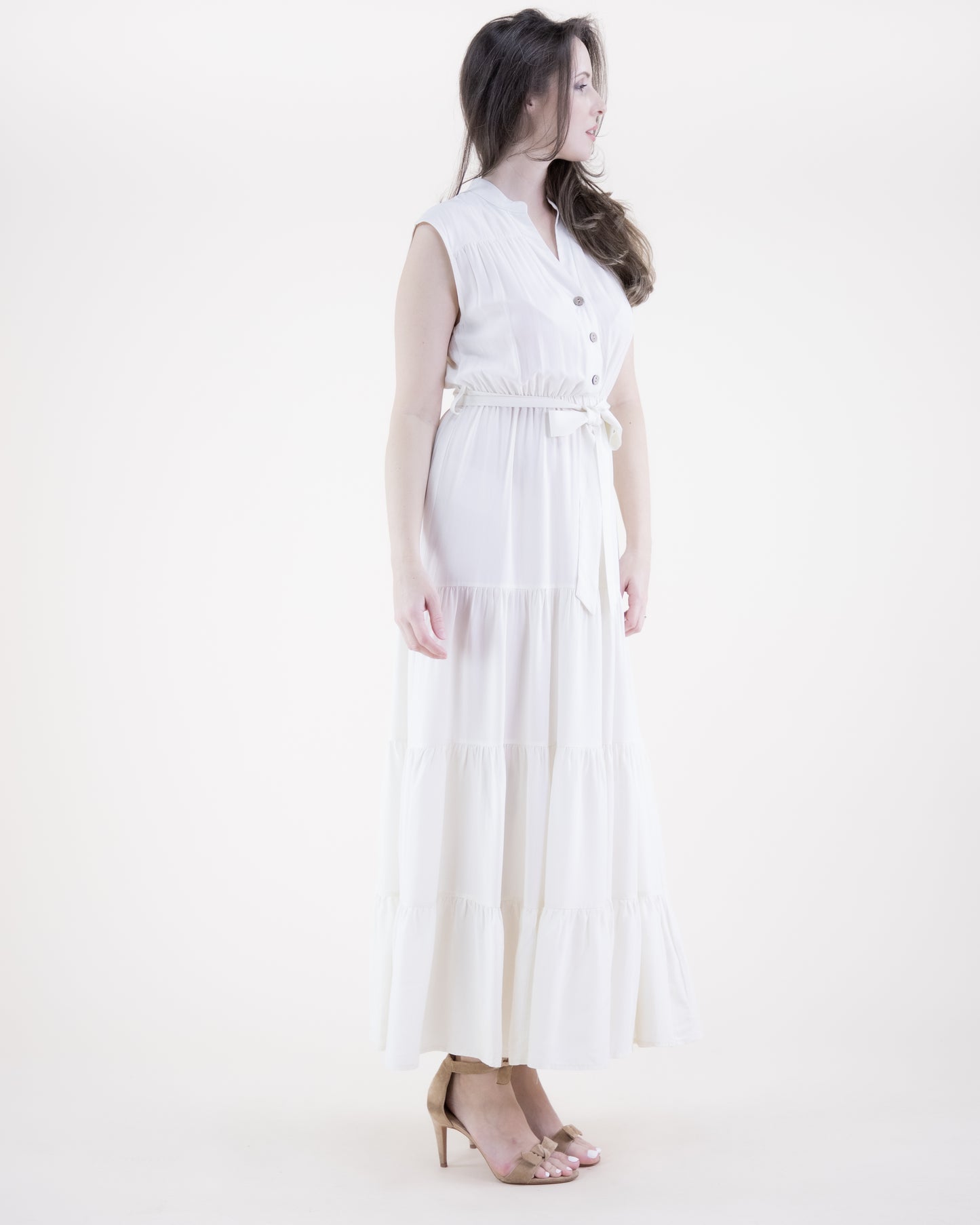 Breezy Sleeveless Button Front Tiered Midi Dress