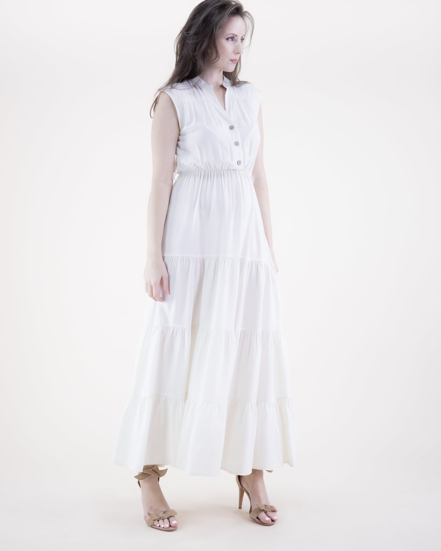 Breezy Sleeveless Button Front Tiered Midi Dress