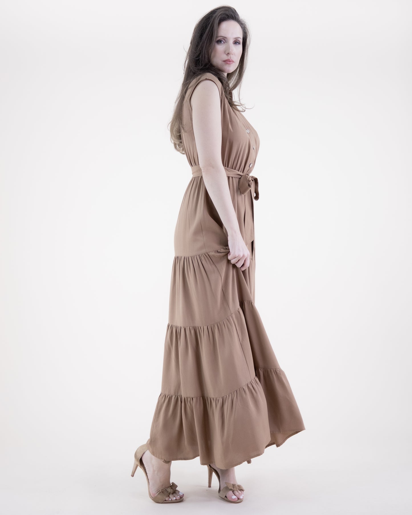Breezy Sleeveless Button Front Tiered Midi Dress