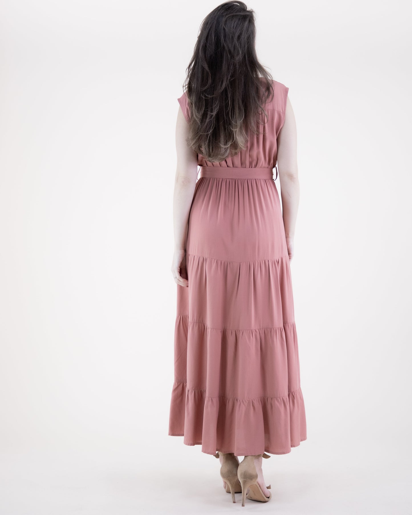 Breezy Sleeveless Button Front Tiered Midi Dress