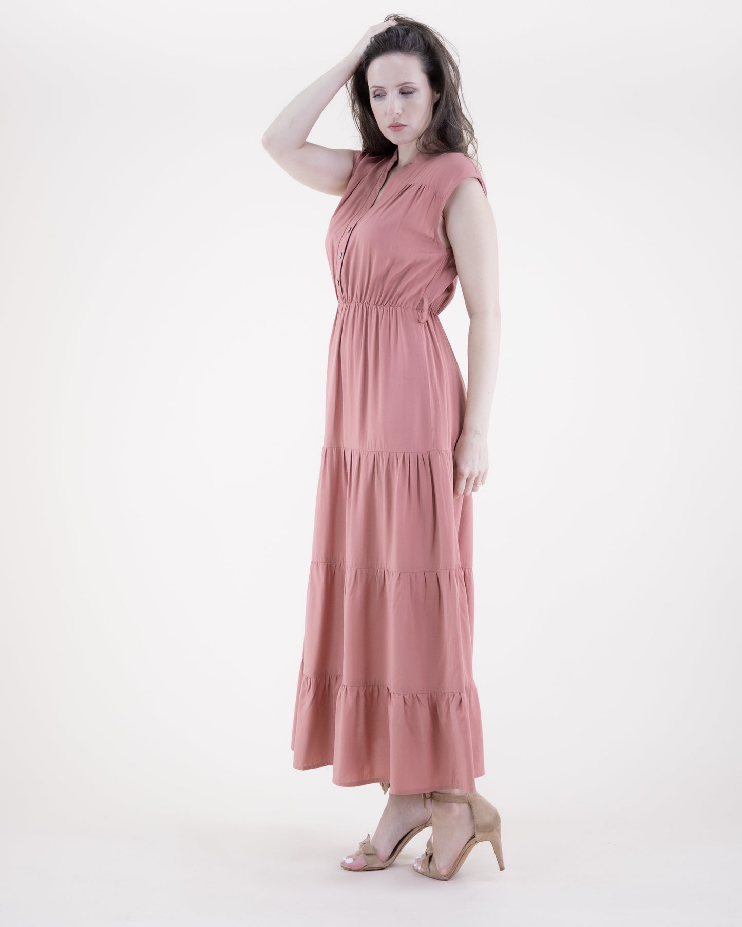 Breezy Sleeveless Button Front Tiered Midi Dress