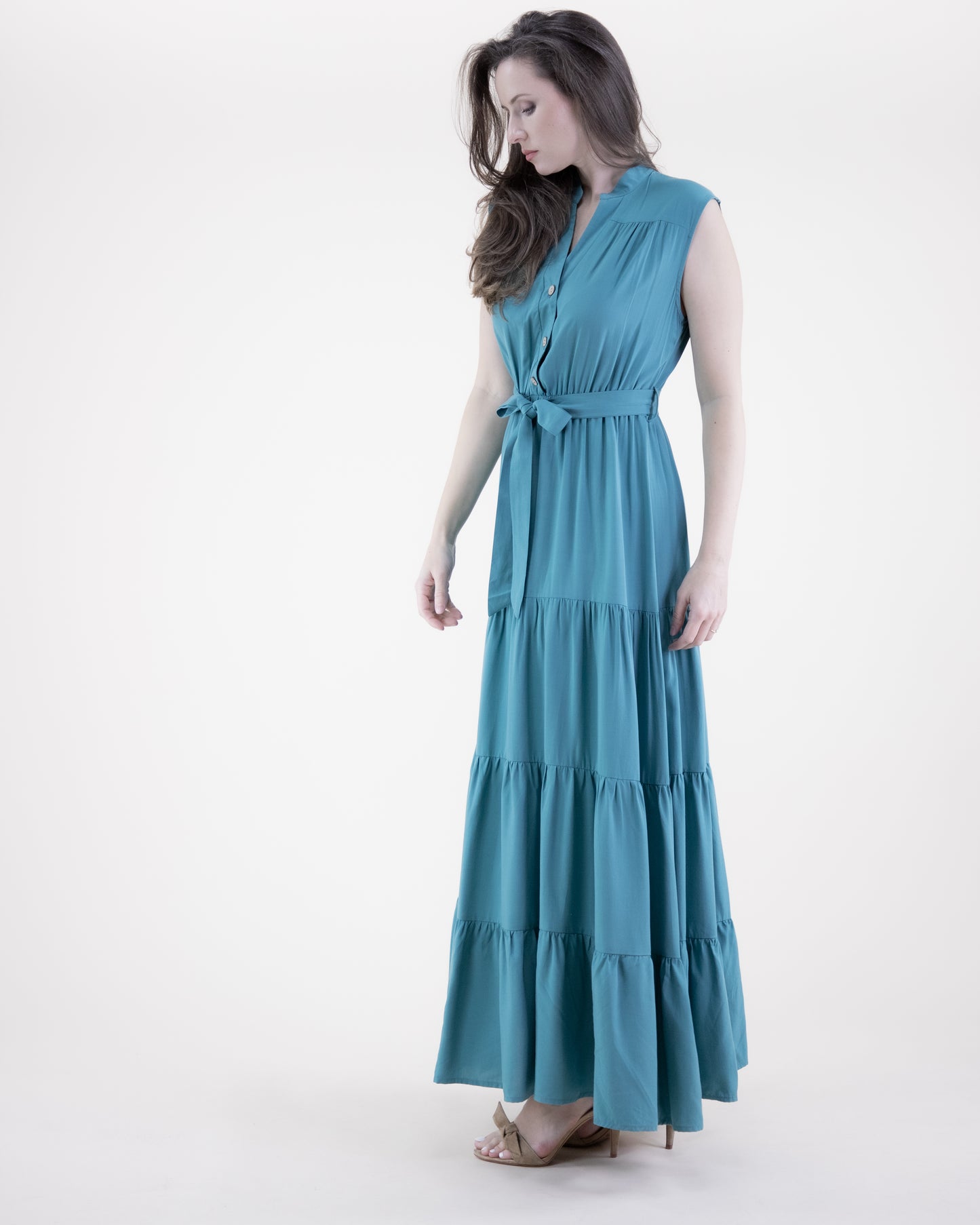 Breezy Sleeveless Button Front Tiered Midi Dress