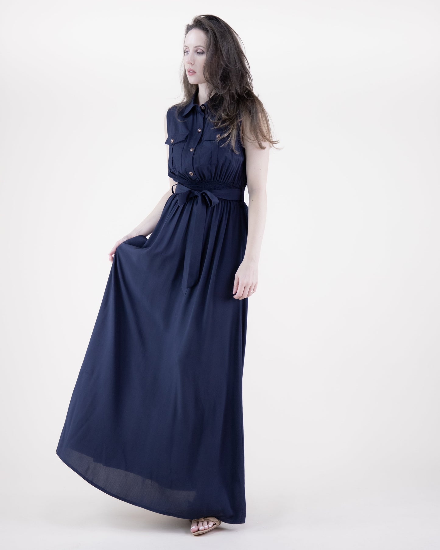 Breezy Sleeveless Button Front Pockets Maxi Dress