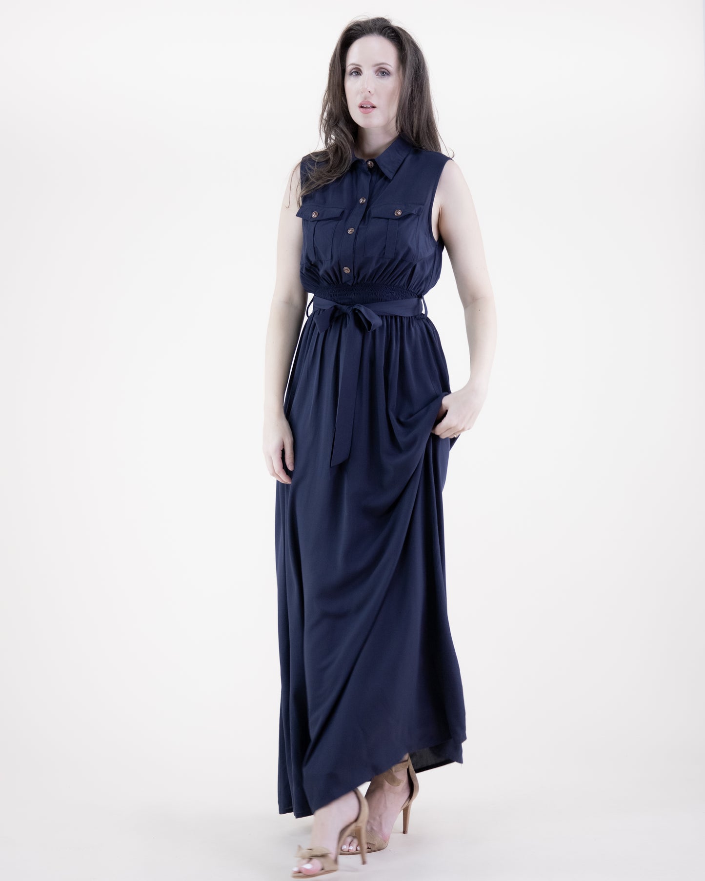 Breezy Sleeveless Button Front Pockets Maxi Dress