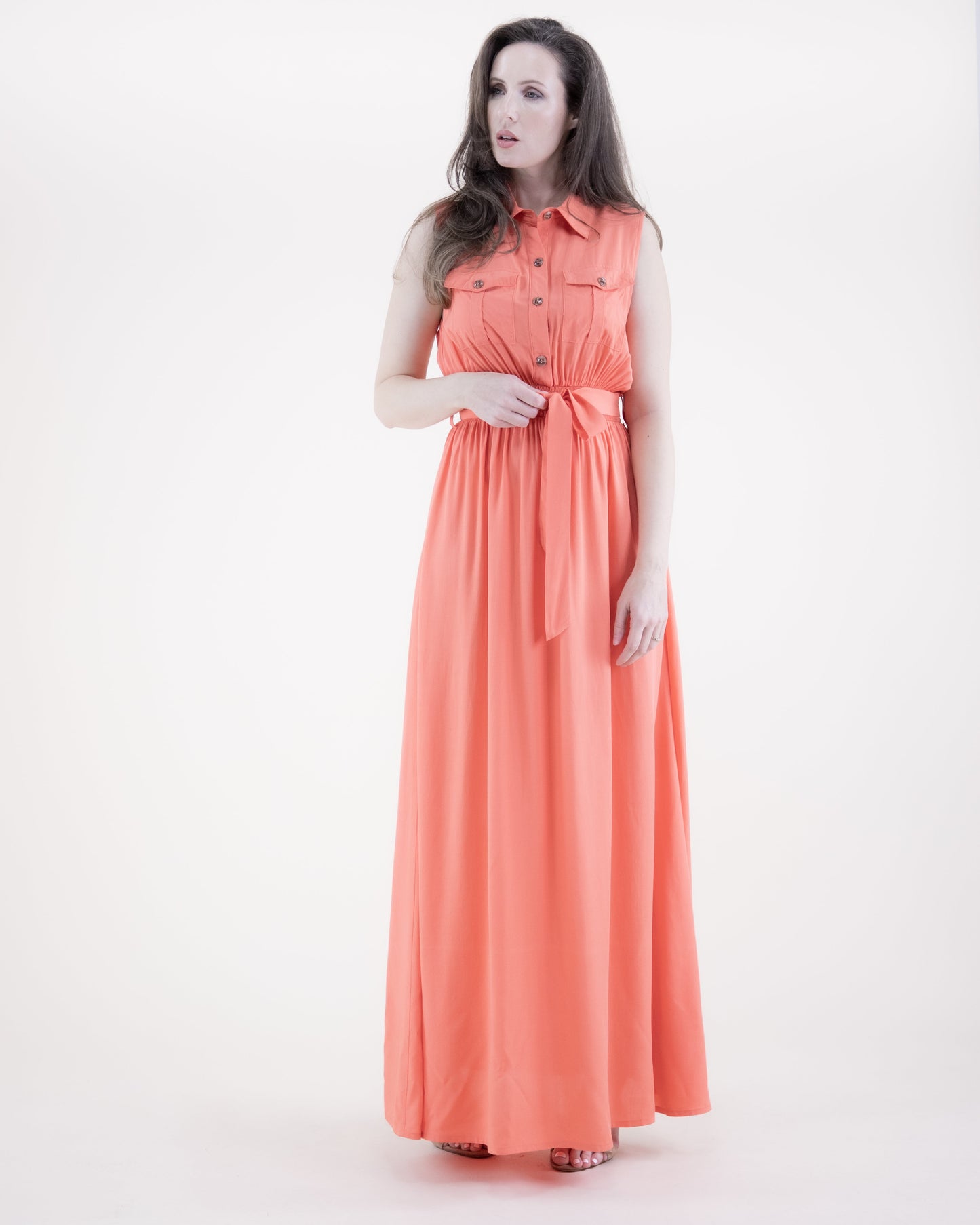 Breezy Sleeveless Button Front Pockets Maxi Dress