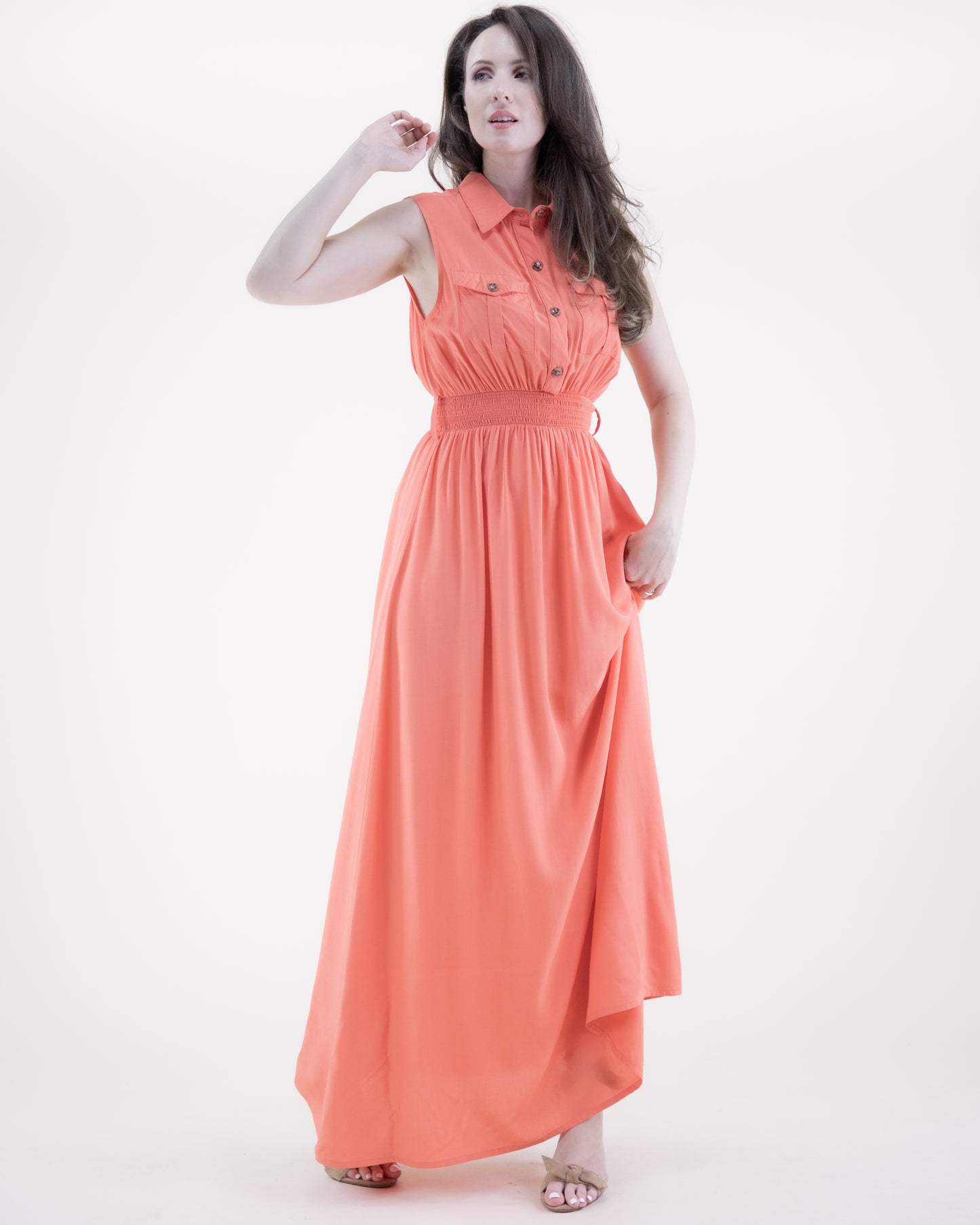 Breezy Sleeveless Button Front Pockets Maxi Dress